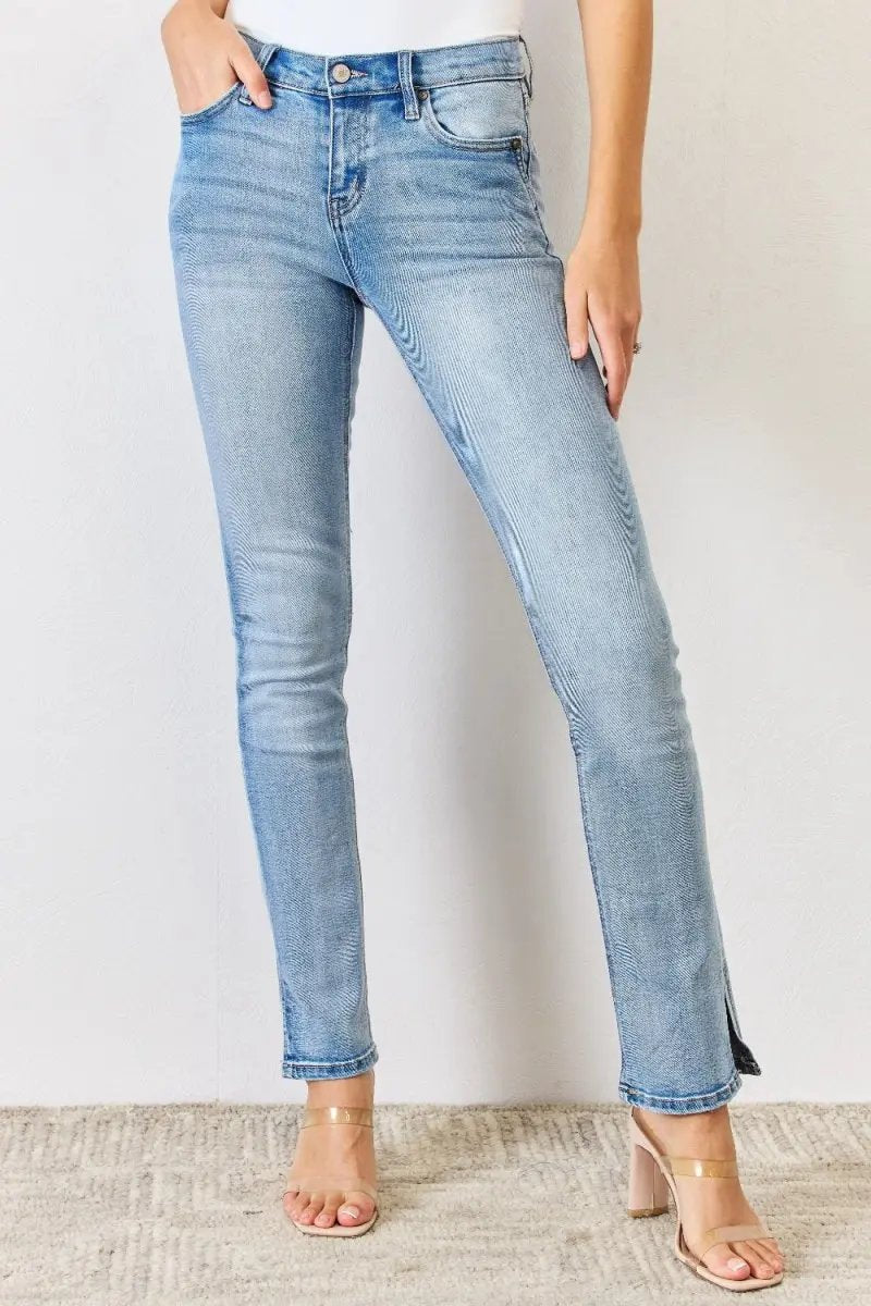 Trendsi Kancan Y2K Jeans Women&amp;#39;s Full Size Mid Rise Bootcut Slit Denim Jeans - Flattering Fit