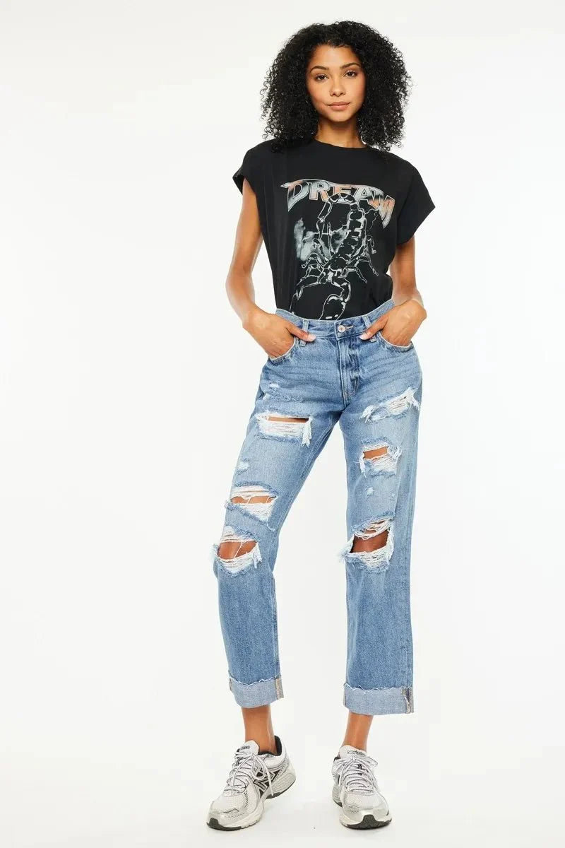 Kancan Mid Rise Distressed Boyfriend Fit Jeans for Women