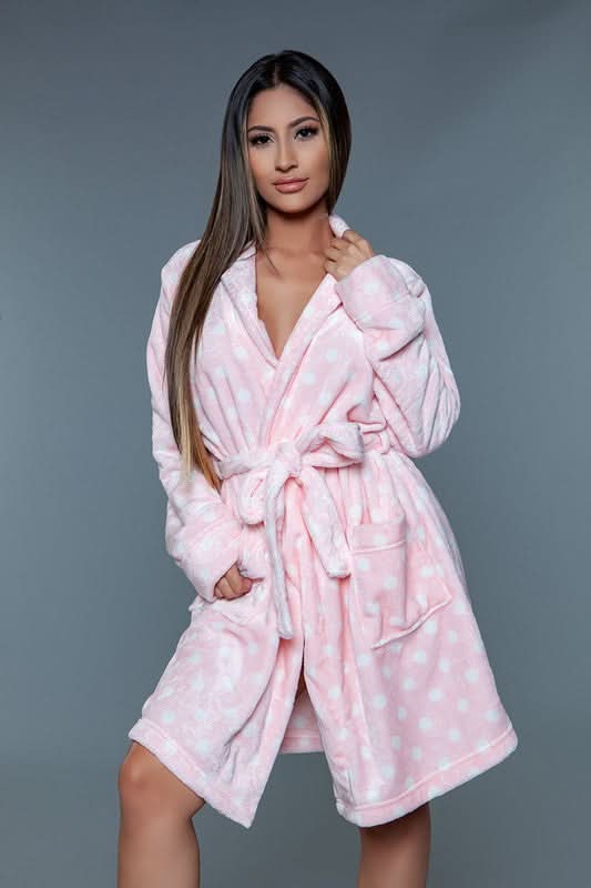 Premium BE WICKED Kaylee Robe - Polka Dot Pink/White, Plus Size 2X/3X