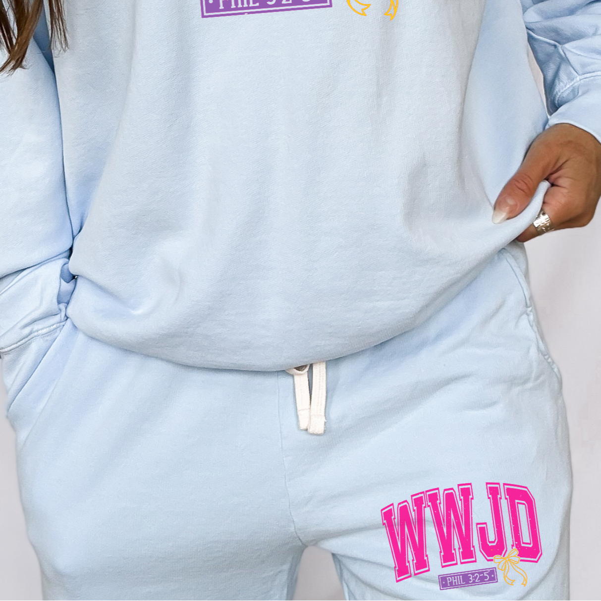 Kendall&amp;#39;s Collection WWJD | Comfort Colors Bottoms Sweat pants Or Shorts| Inspirational Faith Shirts | Stylish Religious Apparel