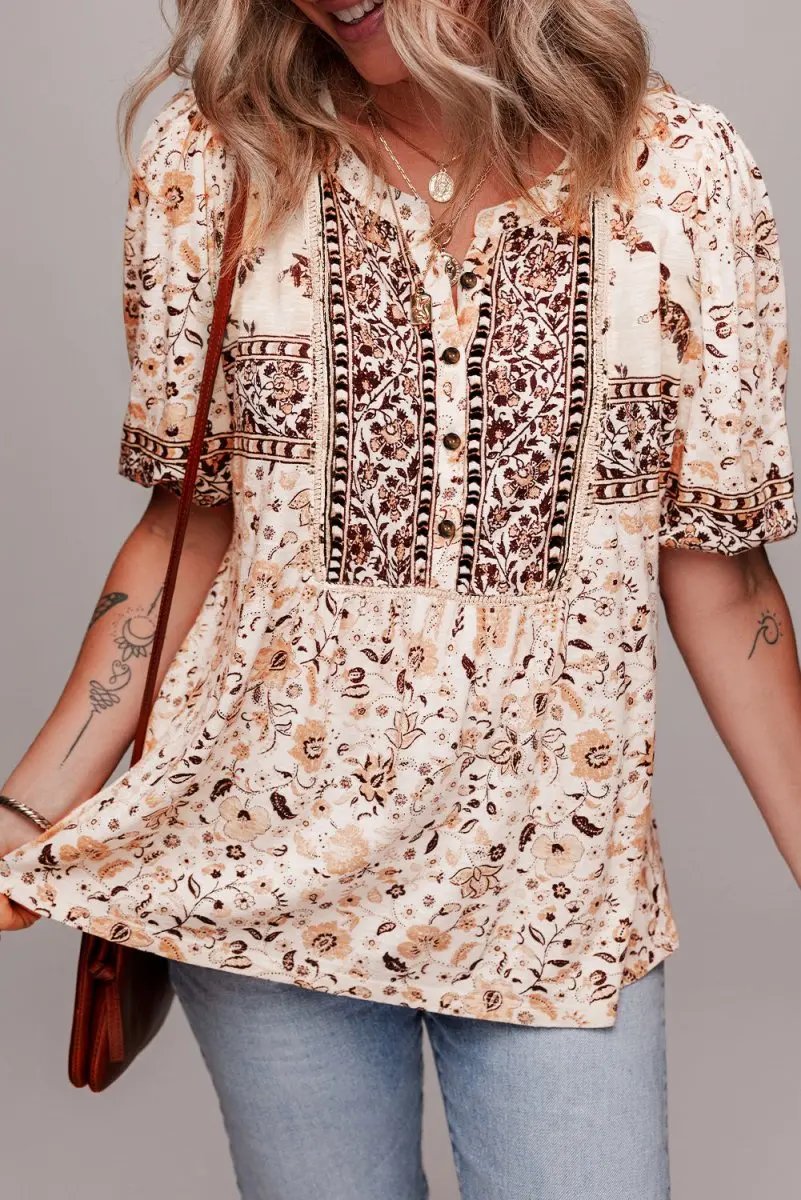 Love Salve Khaki Floral Blouse Women&amp;#39;s Boho Summer Top - Chic &amp;amp; Lightweight