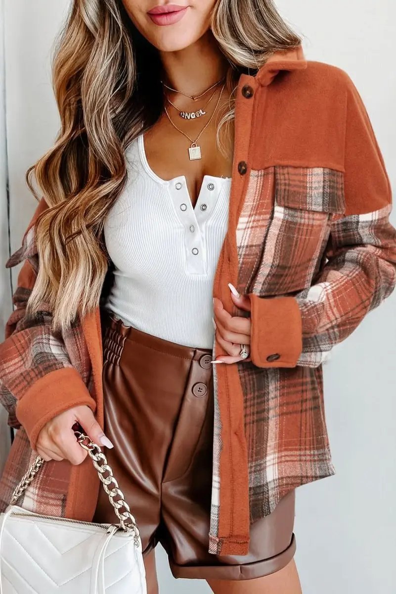 Love Salve Khaki Plaid Shacket Women&amp;#39;s Fall Fashion Buttoned Colorblock Shirt Jacket
