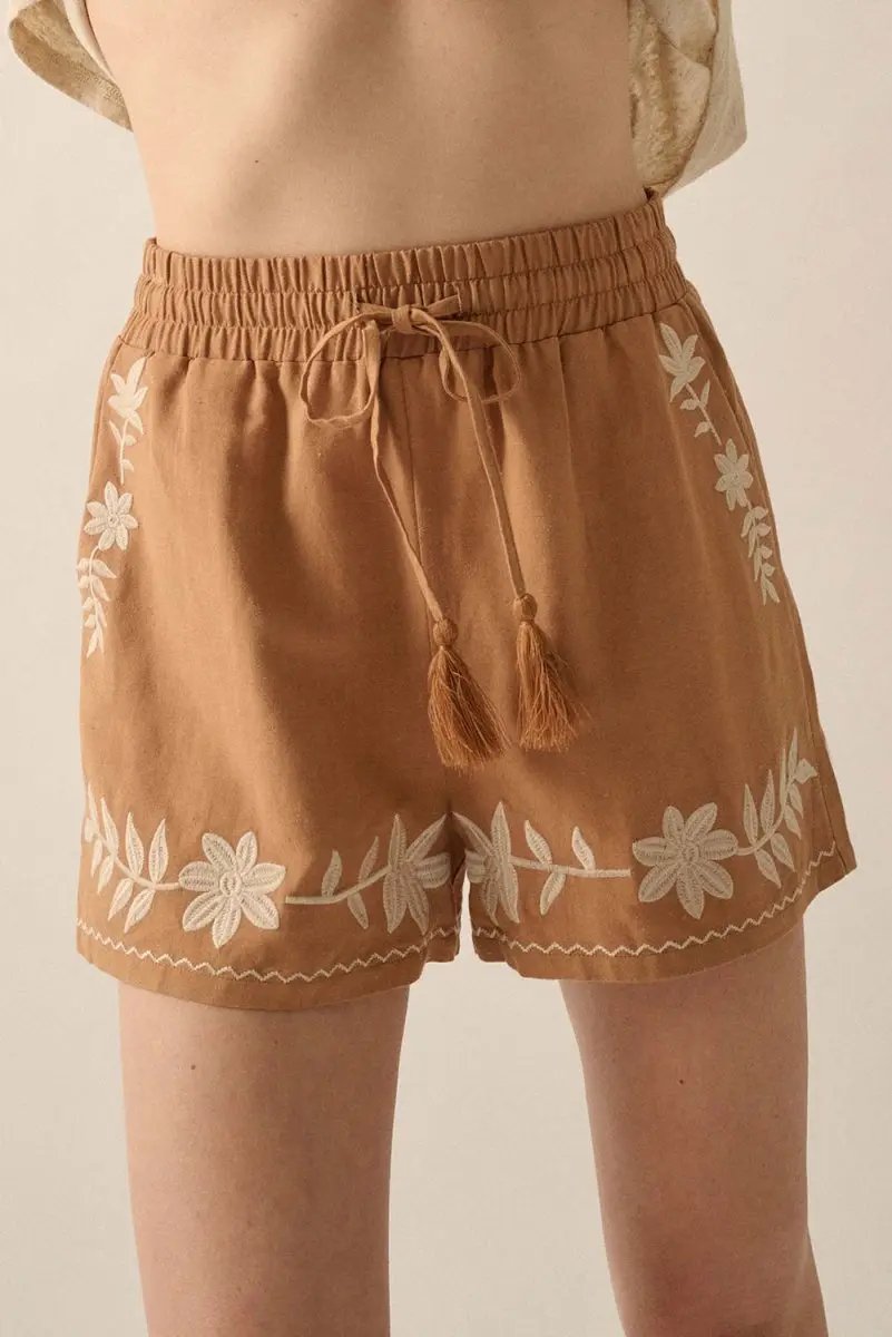 Love Salve Khaki Embroidered Shorts Women&amp;#39;s Boho Summer Casual Shorts: Tasseled Drawstring