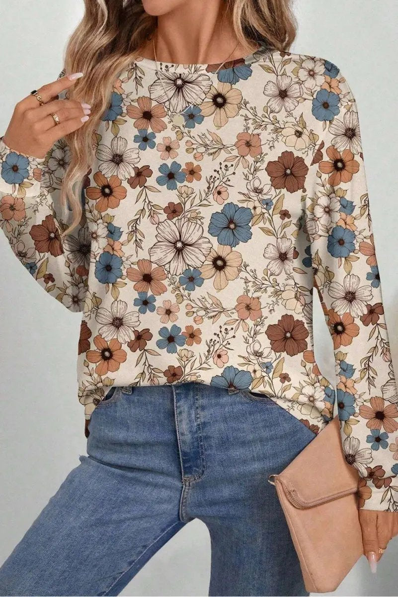 Love Salve Khaki Floral Women&amp;#39;s Everyday Tee Long Sleeve Crew Neck Soft &amp;amp; Comfy