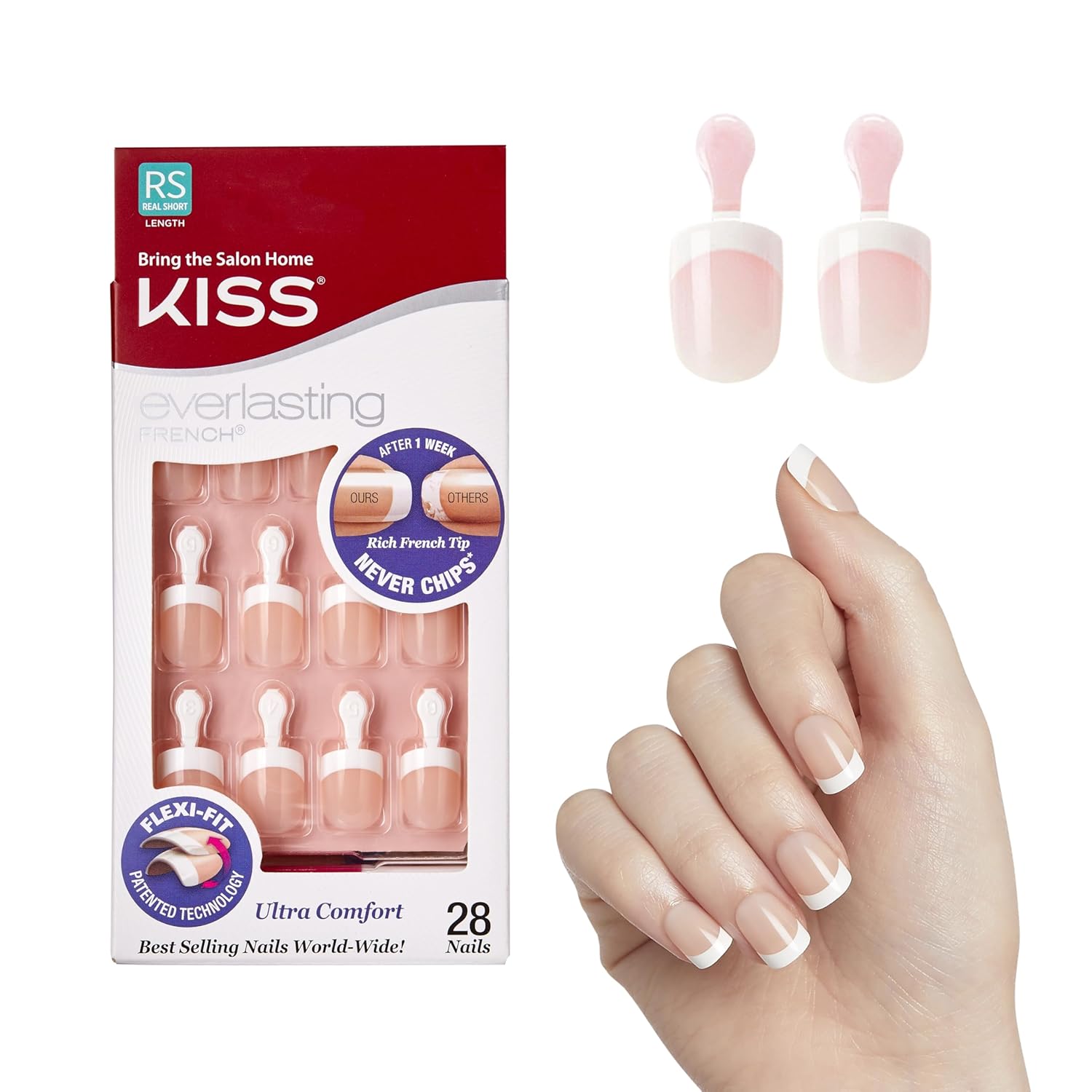 Kiss Everlasting French Nail Manicure, Chip-Free with Flexi-Fit Technology, Real Short, &amp;quot;Endless&amp;quot;, Nail Kit with Pink Nail Glue (Net Wt. 2 g / 0.07oz.), Mini File, Manicure Stick, and 28 Fake Nails
