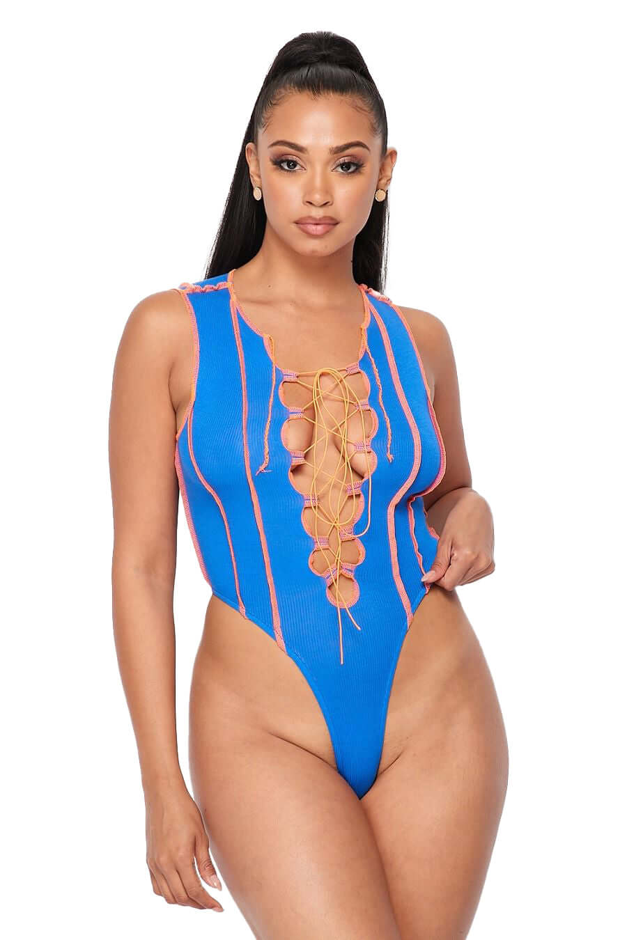 Laced Up Tank Bodysuit- {Royal Blue/Orange}