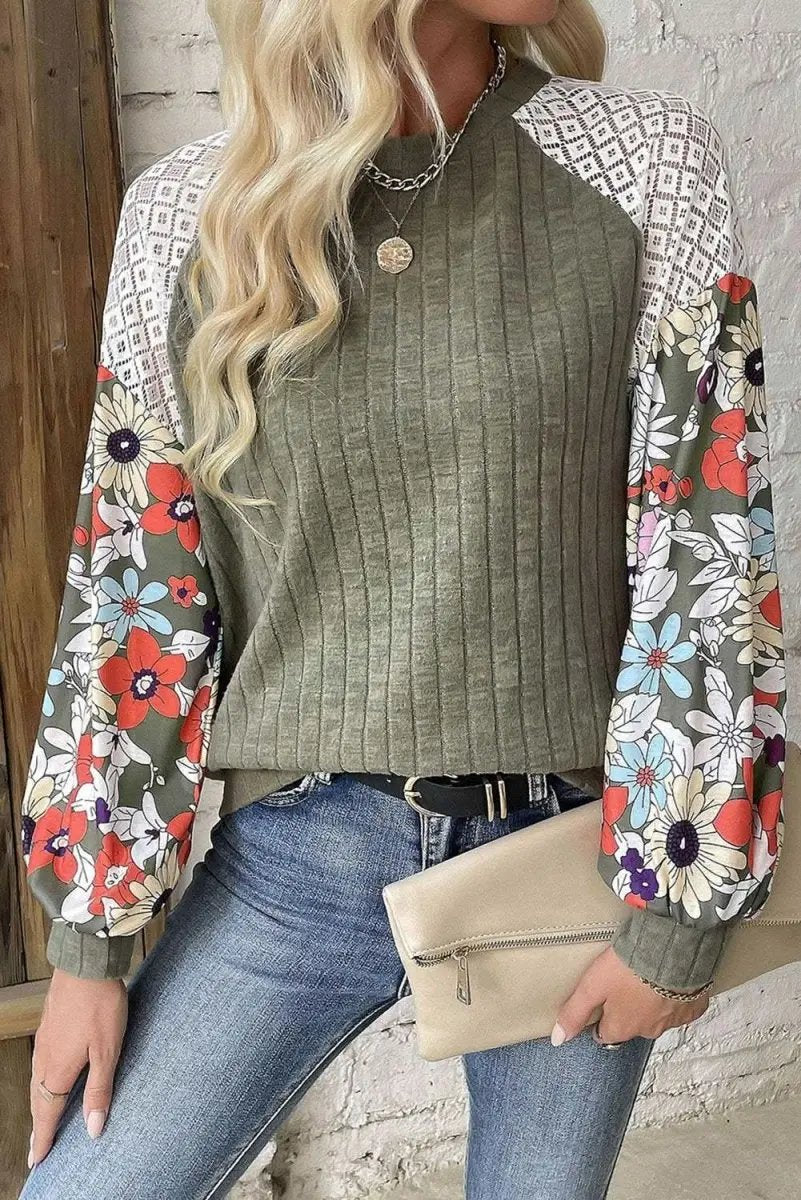 Love Salve Floral Patchwork Laurel Green Women&amp;#39;s Ribbed Blouse: Elegant Long Sleeve Top