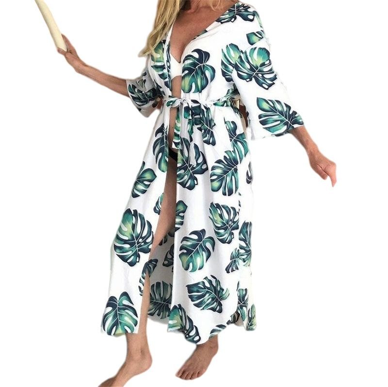 Leaf Print Cover Up Belted Midi Dress Beachwear