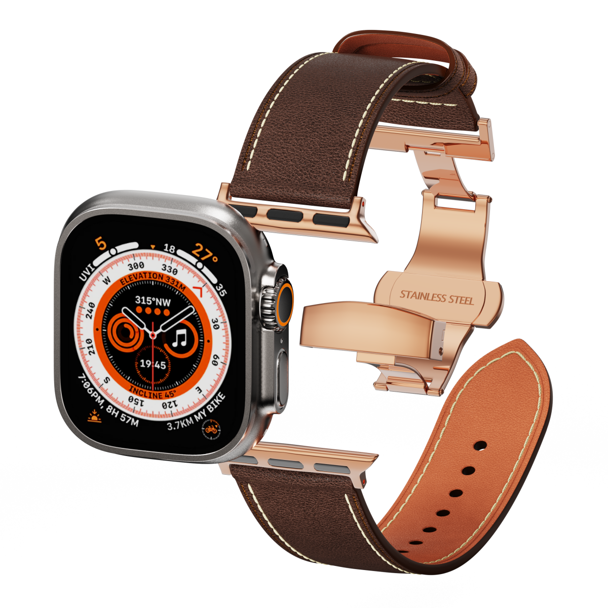 Genuine Leather Butterfly Clasp Band for Apple Watch,Rose Gold