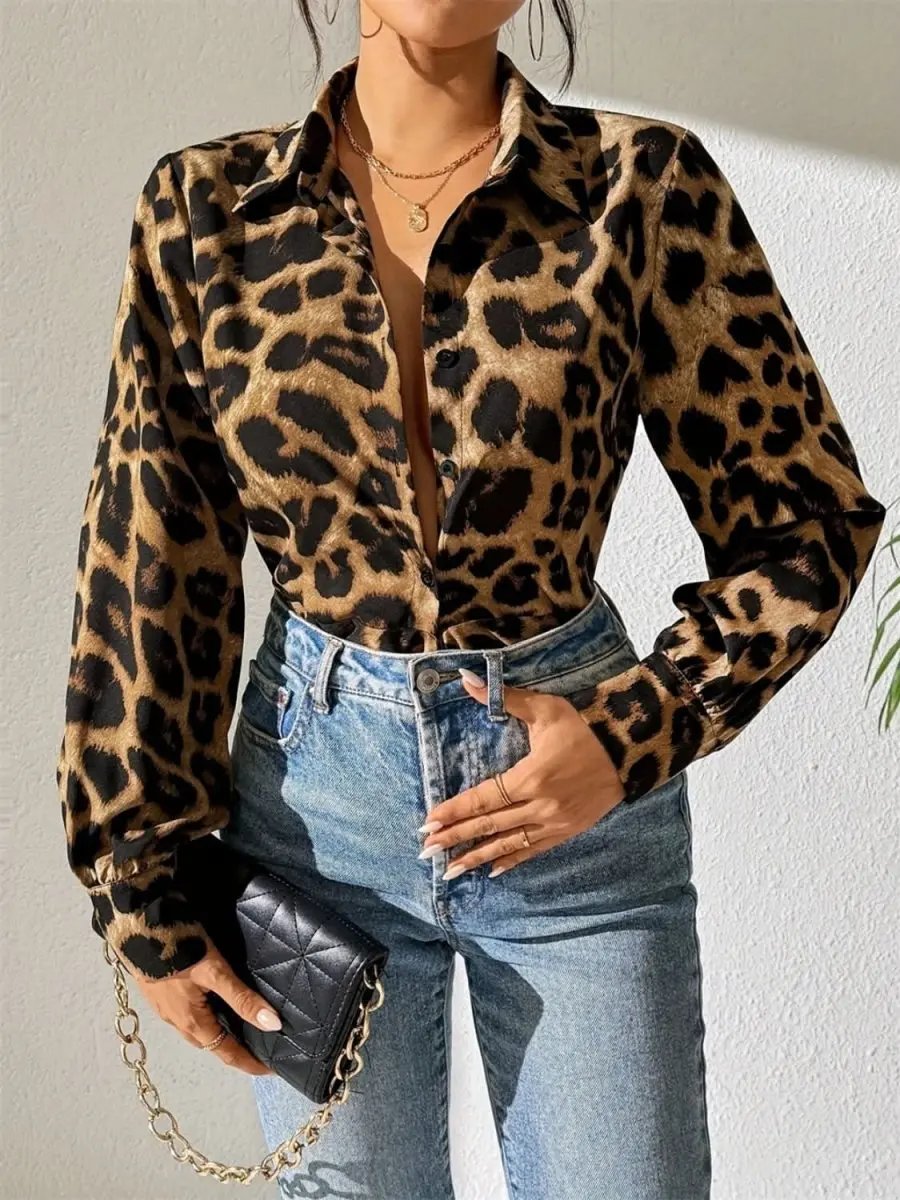 Trendsi Leopard Print Collared Women&amp;#39;s Long Sleeve Shirt Stylish Top