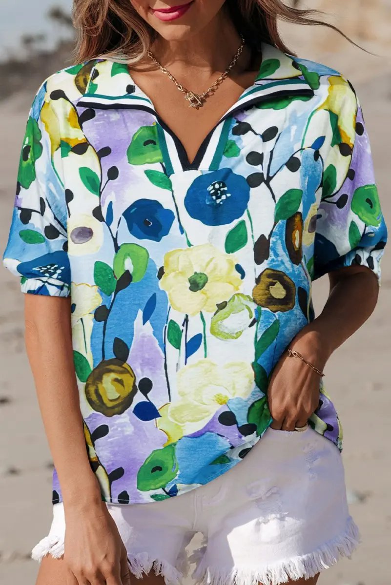 Love Salve Blue Floral Women&amp;#39;s Top Daily Southern Belle Blouse Cute, Summer Ready