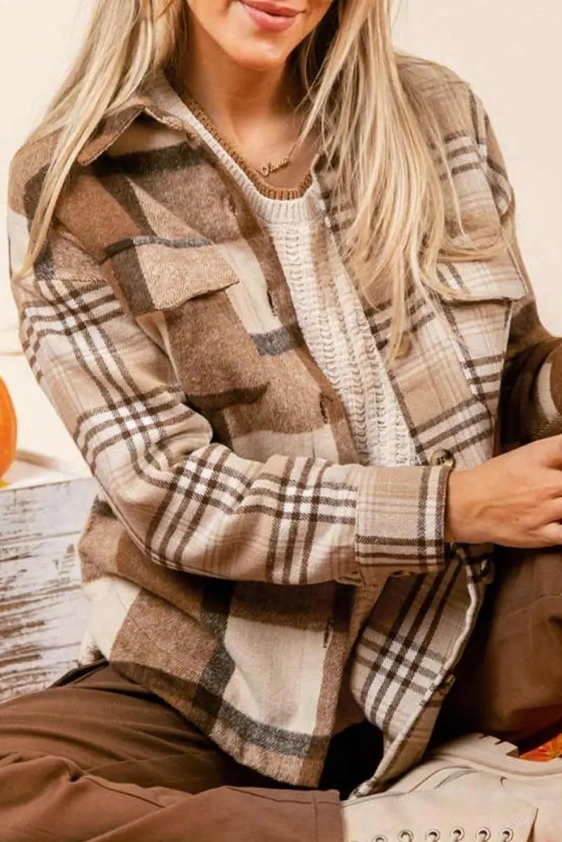 Love Salve Beige Plaid Flannel Shacket Women&amp;#39;s Casual Winter Top: Soft &amp;amp; Stylish