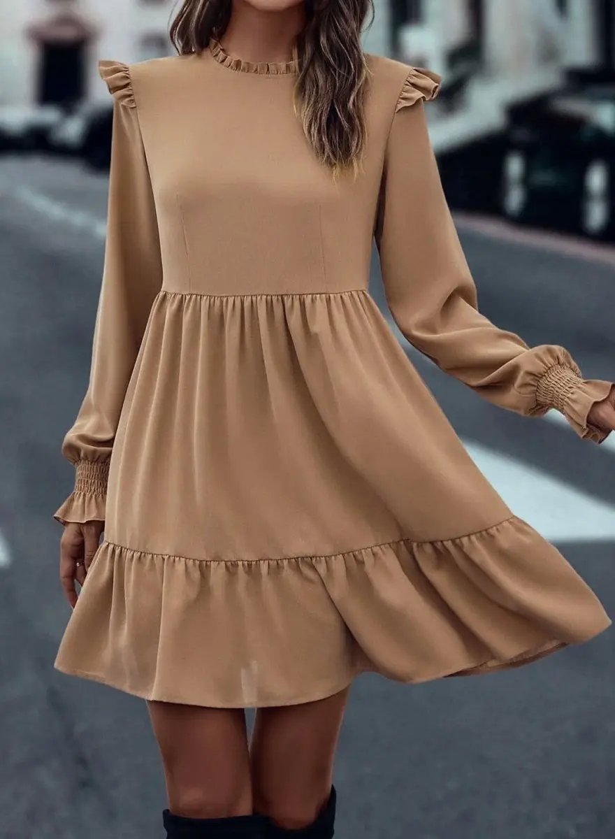 Love Salve Beige Ruffled Dress Daily Wear Women&amp;#39;s A-Line Dress Elegant, Frilled