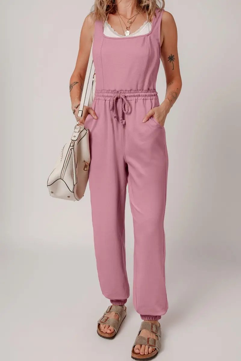 Love Salve Pink Lace-Up Jumpsuit Women&amp;#39;s Daily Wear Romper: Elastic Waist, Sleeveless