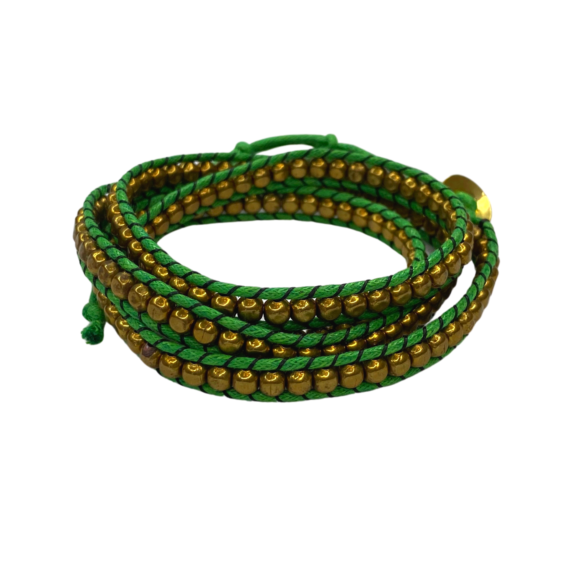 LIME GREEN &amp;amp; BRASS BEADS 5-WRAP BRACELET - THAILAND