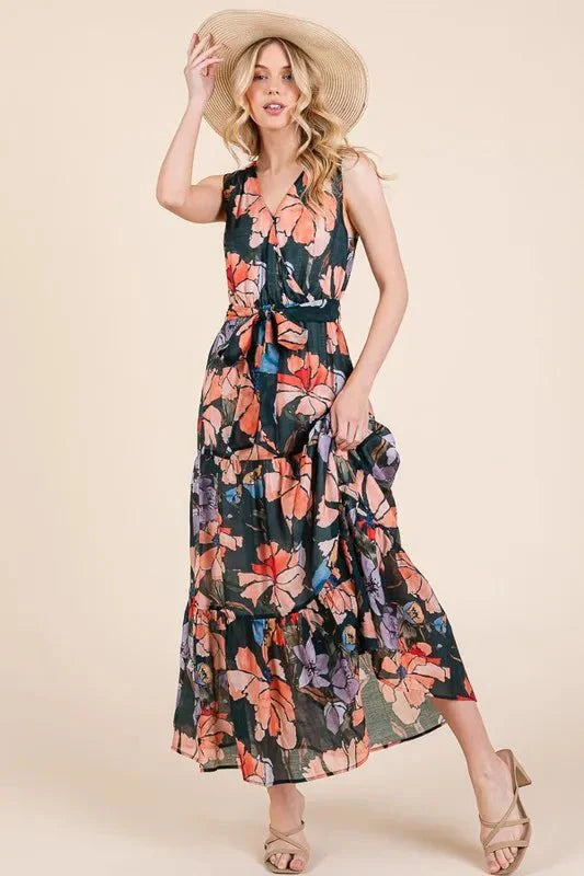 Lime &amp;#39;N&amp;#39; Chili Floral Print Sleeveless Tie Waist Maxi Dress