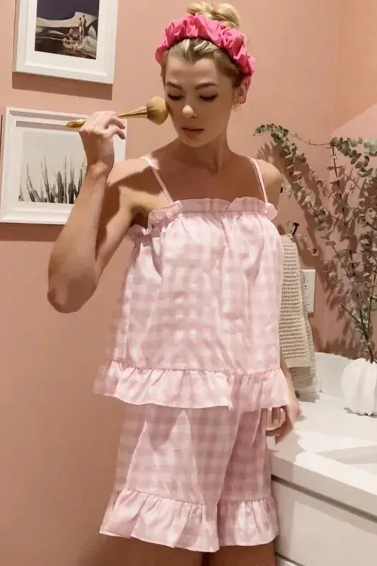 Lime Gingham Pajama Set Women&amp;#39;s Cami &amp;amp; Shorts Sleepwear Ruffle Trim Cute