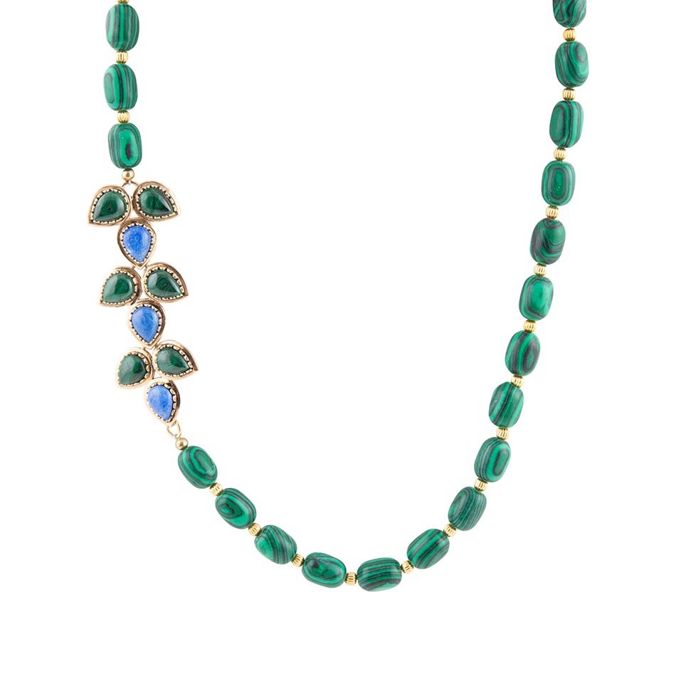Linked Blue Lapis and Green Malachite Golden Necklace