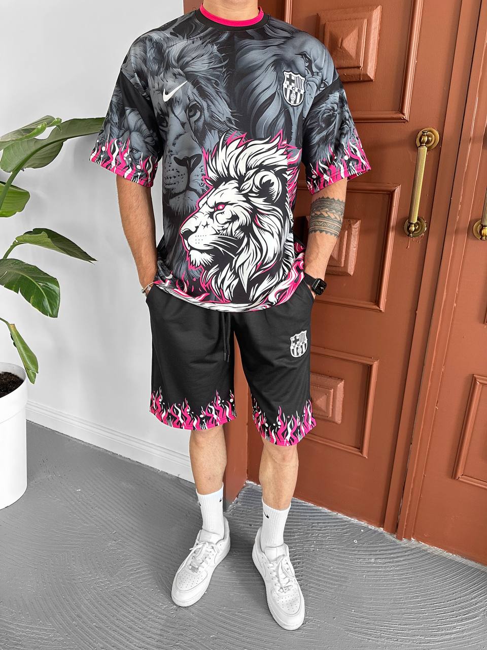 Lion Blaze Men&amp;#39;s Graphic Tee &amp;amp; Flame Shorts Set – Fiery Streetwear with Bold Lion Print