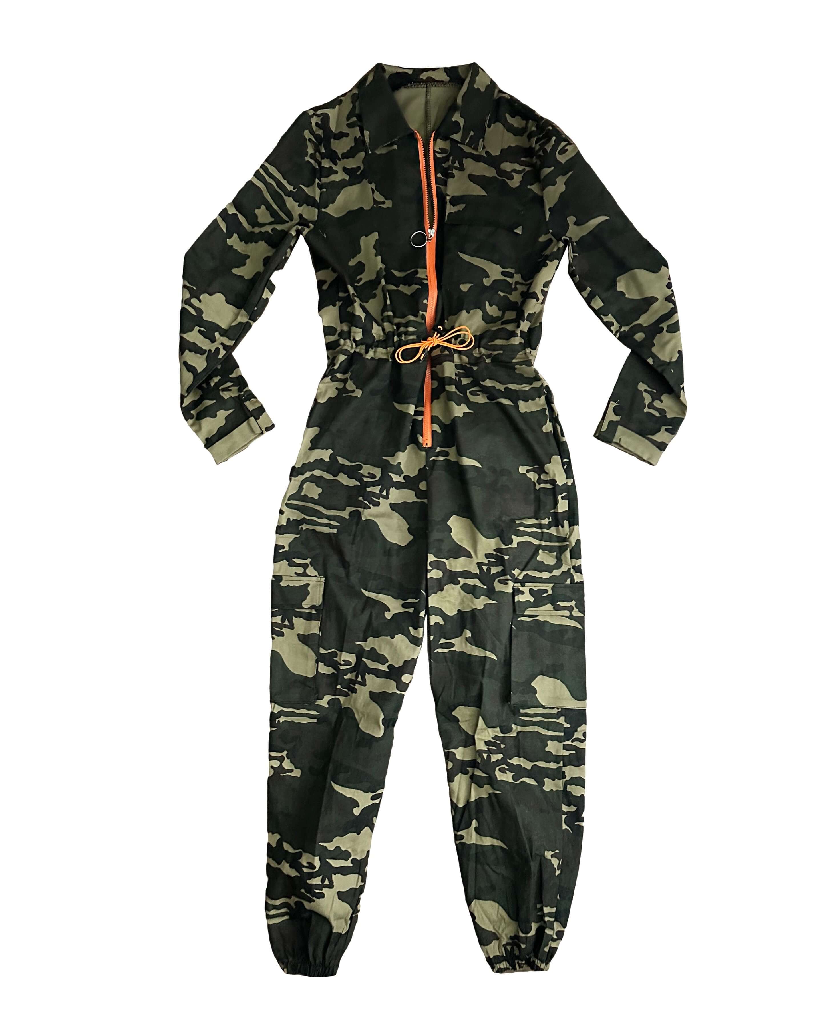 Long Sleeve Camo Cargo Jumpsuit with Orange Zipper