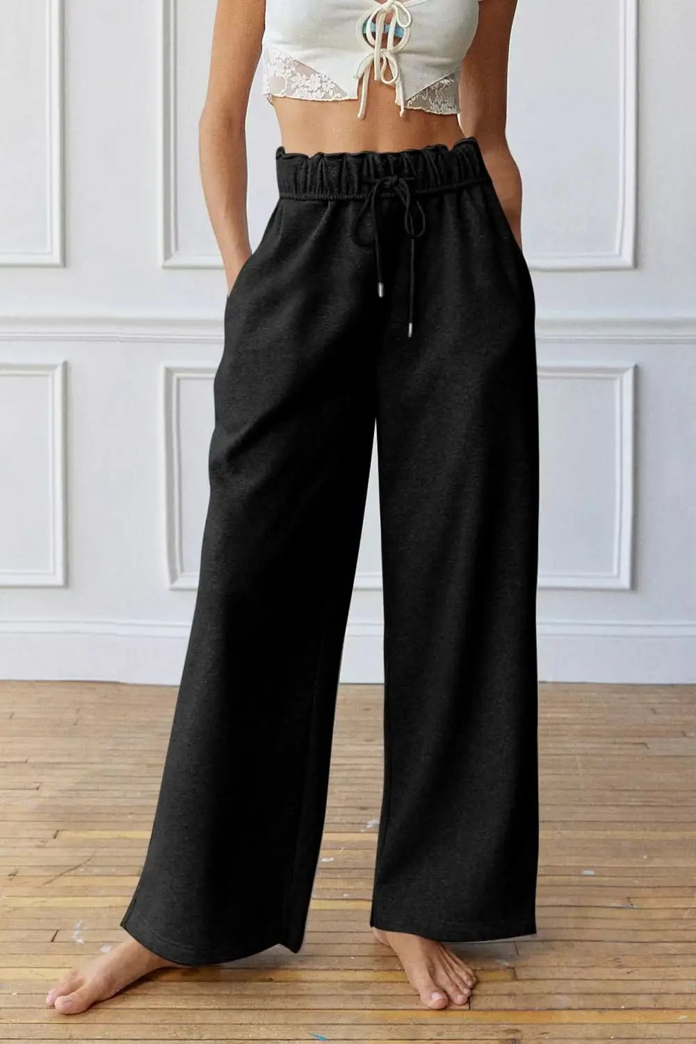 Love Salve Black High-Waist Women&amp;#39;s Sweatpants Loungewear Casual Winter Wide Leg