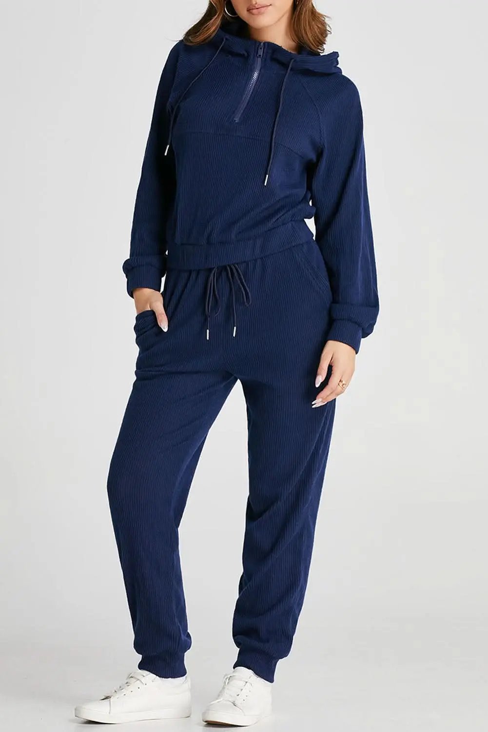 Love Salve Navy Cropped Hoodie Set Daily Wear Women&amp;#39;s Activewear Soft, Textured Fabric