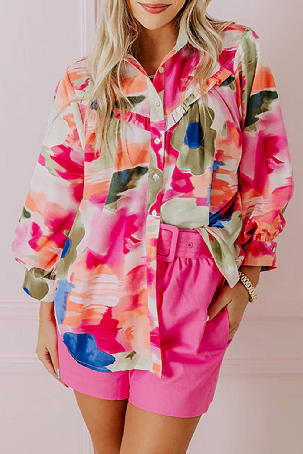 Chic rose abstract blouse with puff sleeves