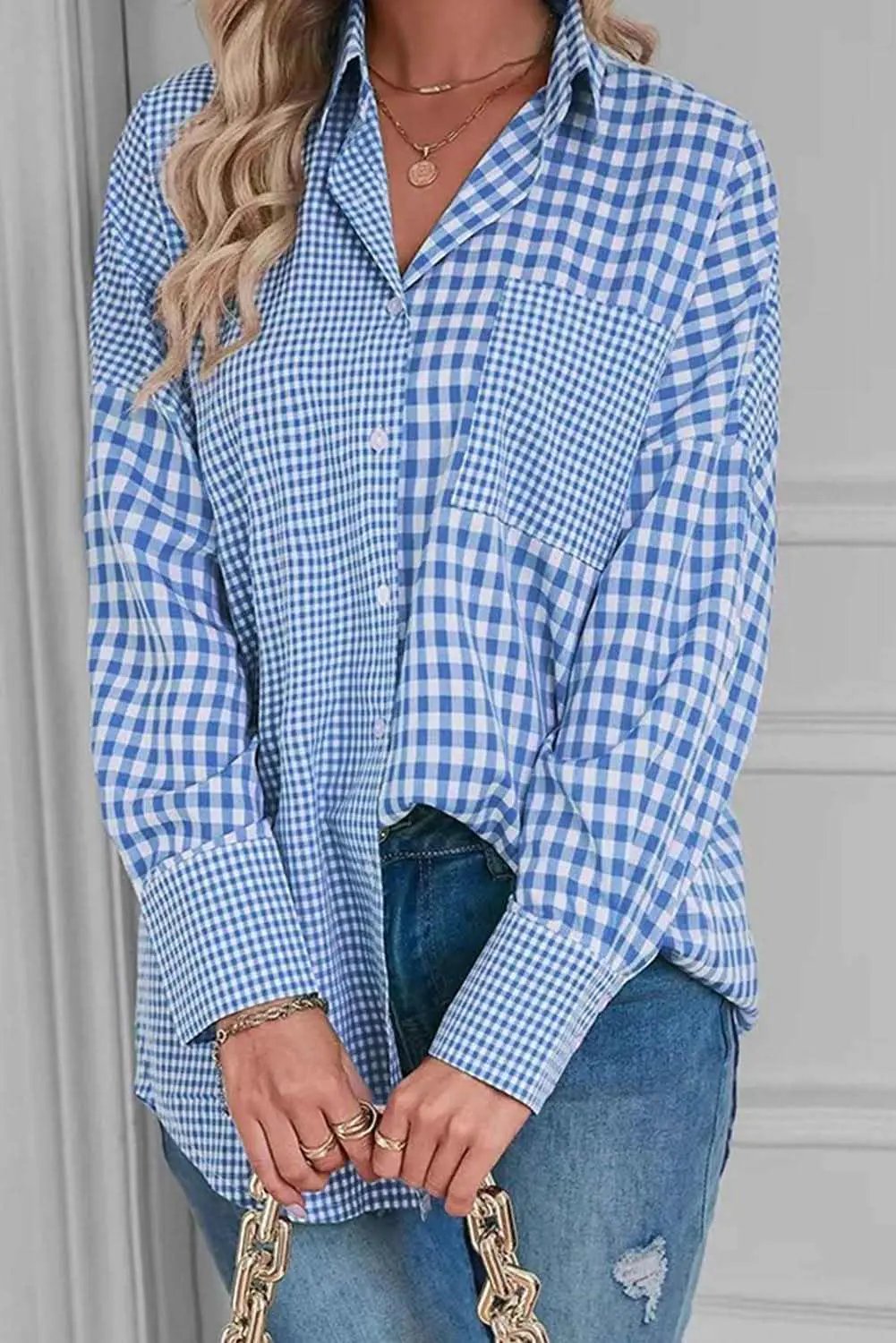 Love Salve Sky Blue Plaid Daily Wear Women&amp;#39;s Button-Up Shirt Southern Belle Style, Fall Fashion