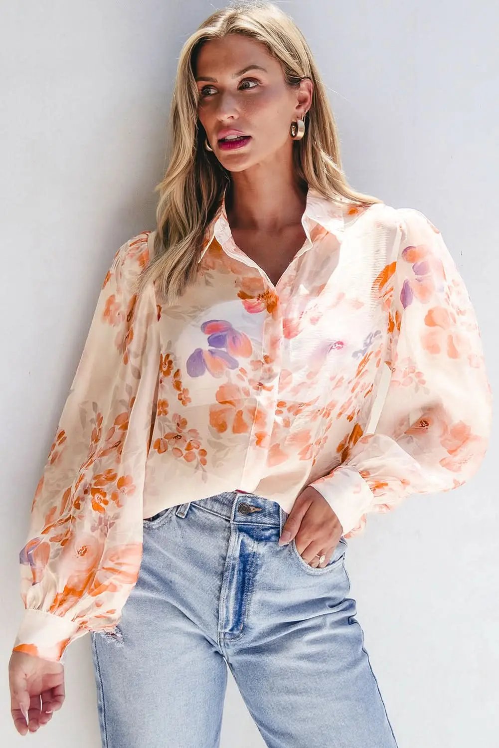 Love Salve Floral balloon sleeve collared shirt