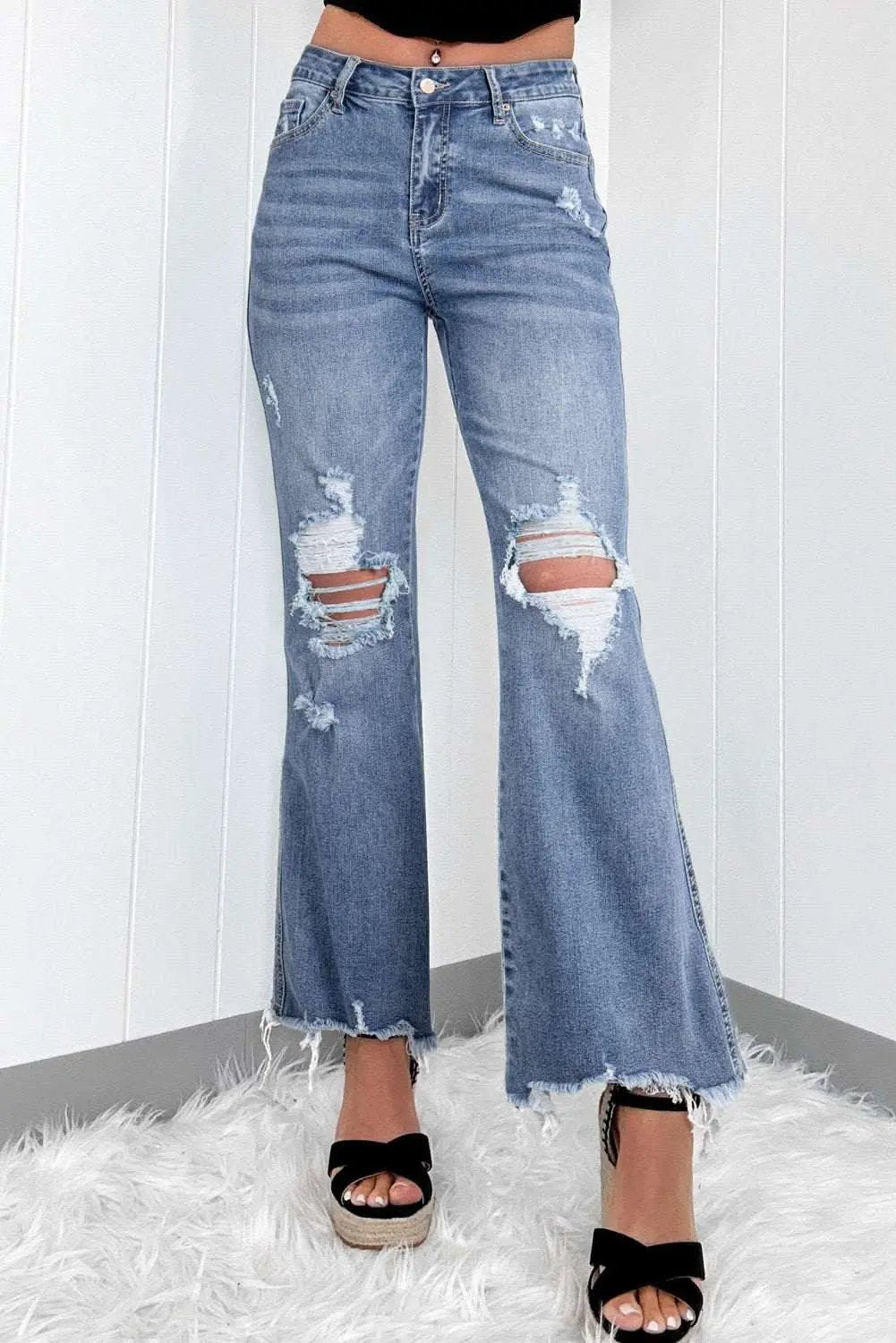 Love Salve Dusk Blue Denim Jeans Women&amp;#39;s Daily Flared Jeans High-Rise, Distressed