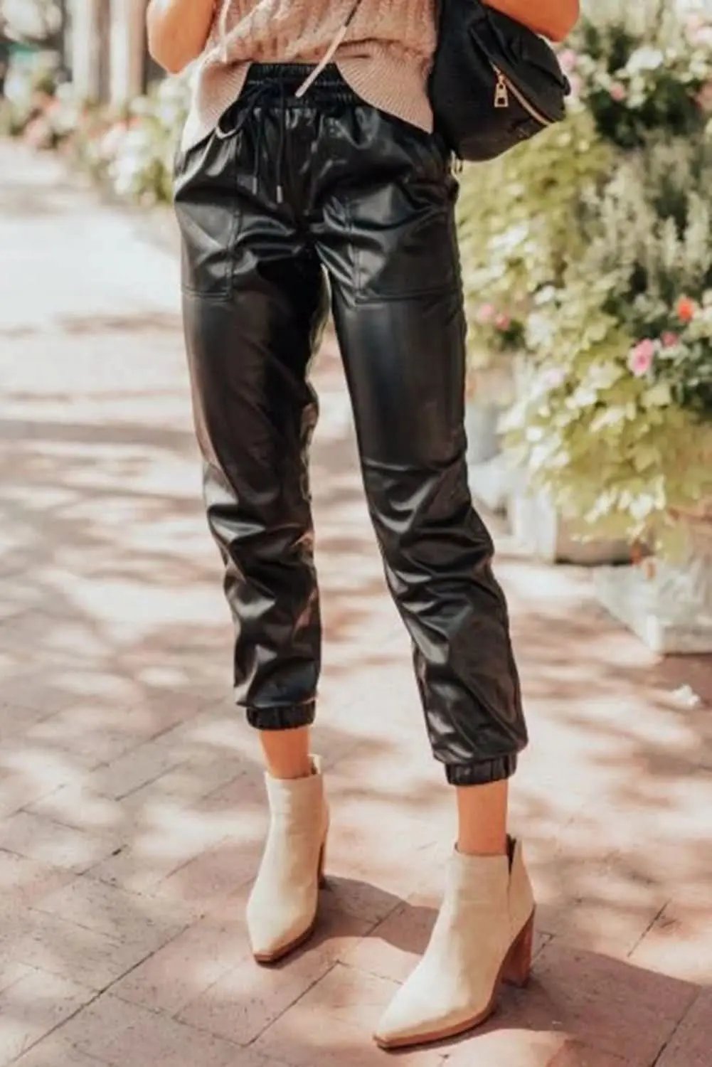 Love Salve Black Faux Leather Daily Wear Joggers Women&amp;#39;s Casual Winter Pants - Chic &amp;amp; Comfy