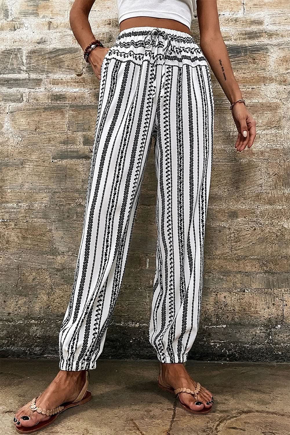 Love Salve Black Striped Boho Pants Women&amp;#39;s Vacation Wide Leg Spring Trousers