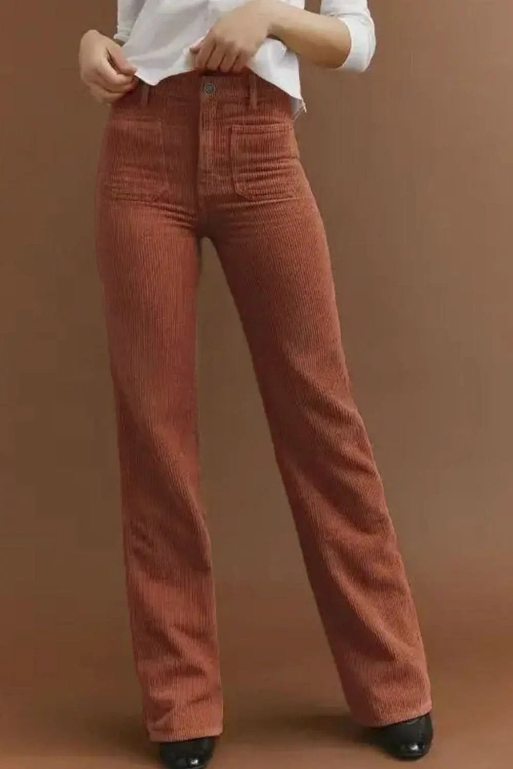 Love Salve Brown Corduroy Pants Women&amp;#39;s High-Waisted Trousers Vintage Style