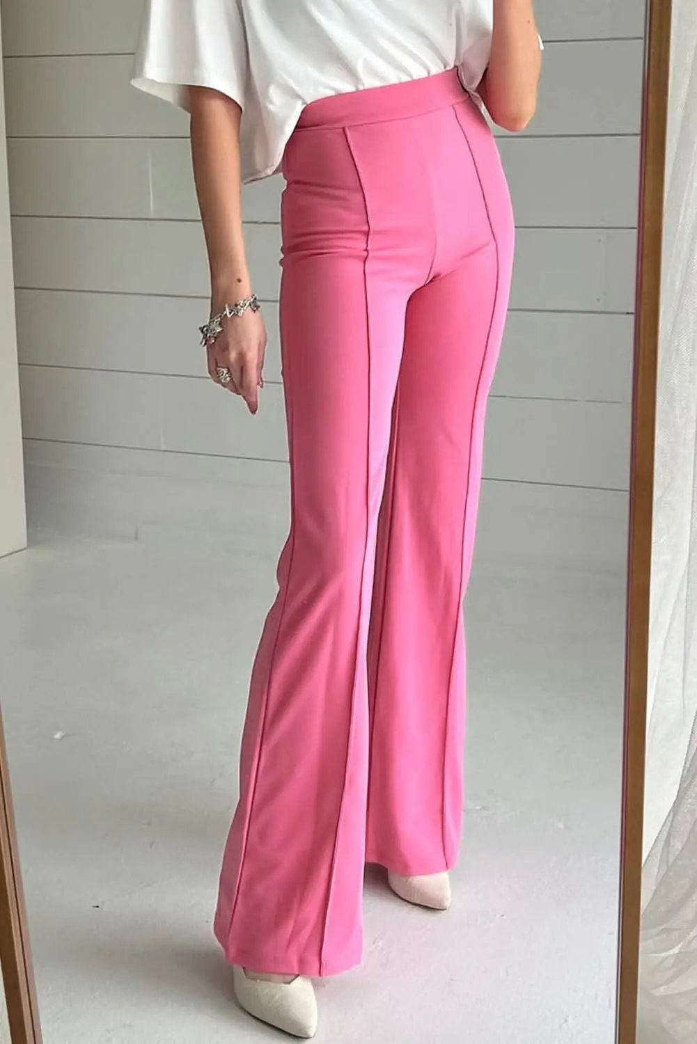 Love Salve Pink Flare Pants Women&amp;#39;s High-Waisted Elegant Trousers - Comfy &amp;amp; Stylish