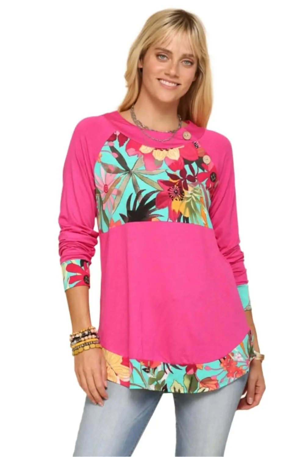 Love Salve Tropical Print T-Shirt Women&amp;#39;s Casual Long Sleeve Top Fuchsia Comfy Fit
