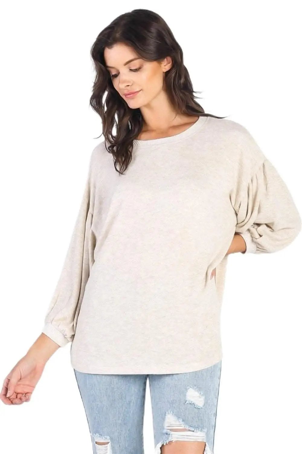 Love Salve Oatmeal Top Women&amp;#39;s Casual Puff Sleeve Blouse Cute &amp;amp; Comfy