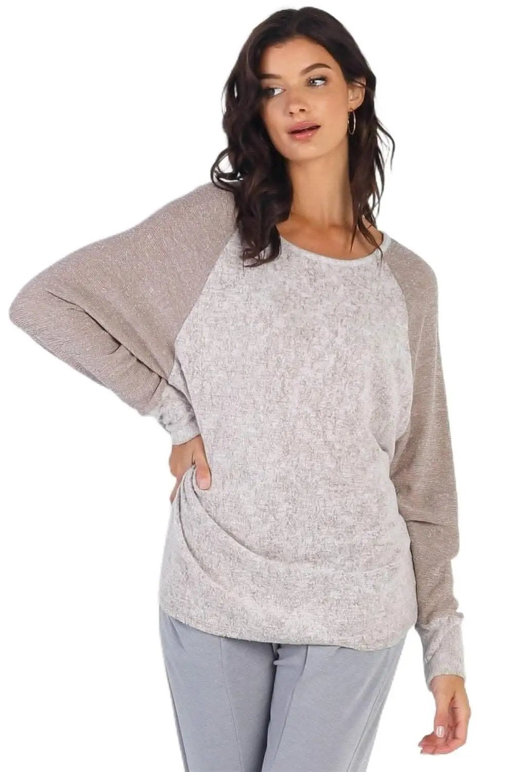 Love Salve Taupe Contrast Women&amp;#39;s Long Sleeve Top Casual Chic Tee