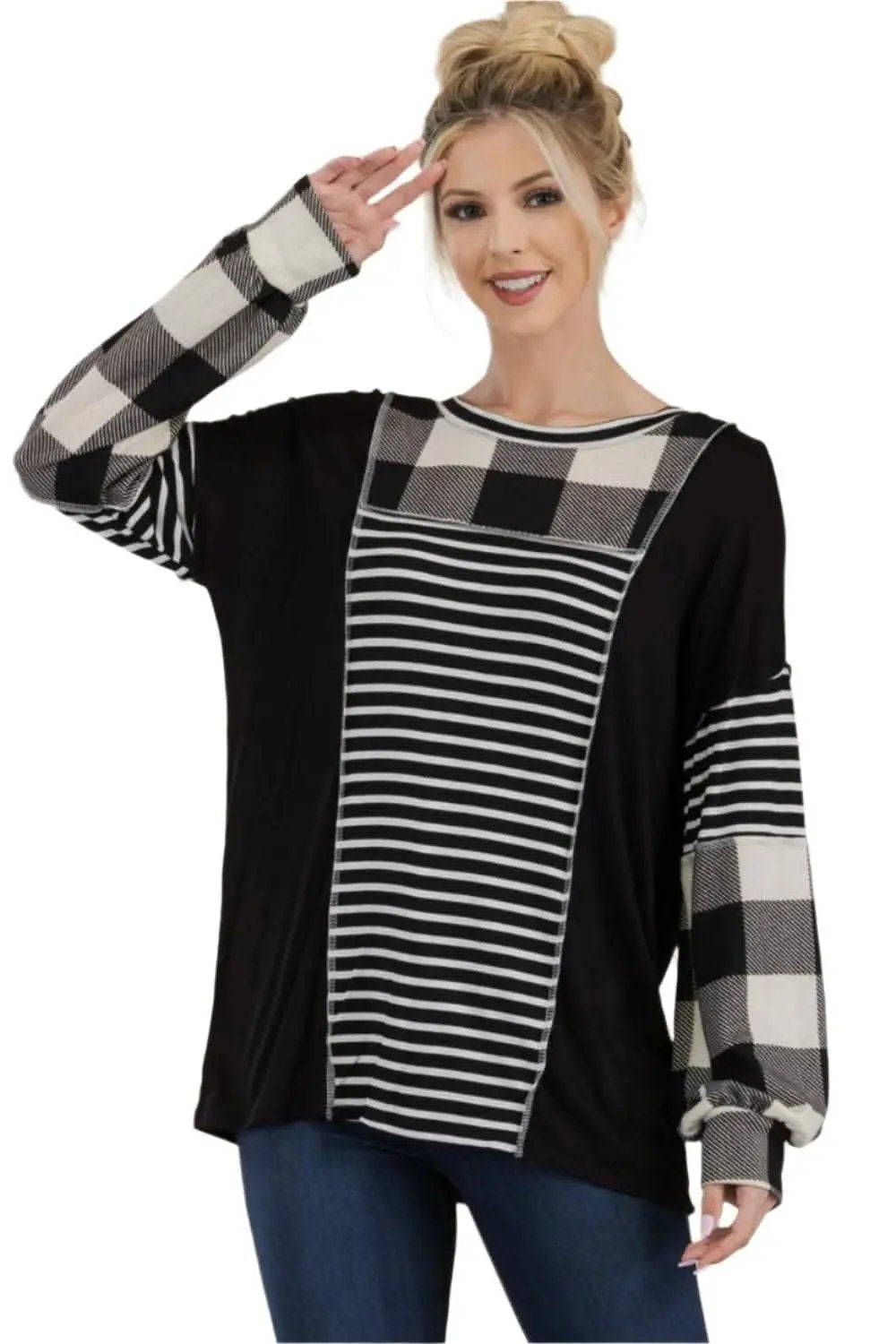 Love Salve Celeste Full Size Color Block Exposed Seam T-Shirt Black/White Plaid/XL