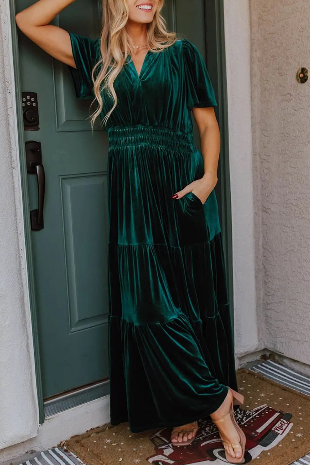 Love Salve Velvet Evergreen Dress Women&amp;#39;s Boho Maxi Elegant V-Neck Tiered