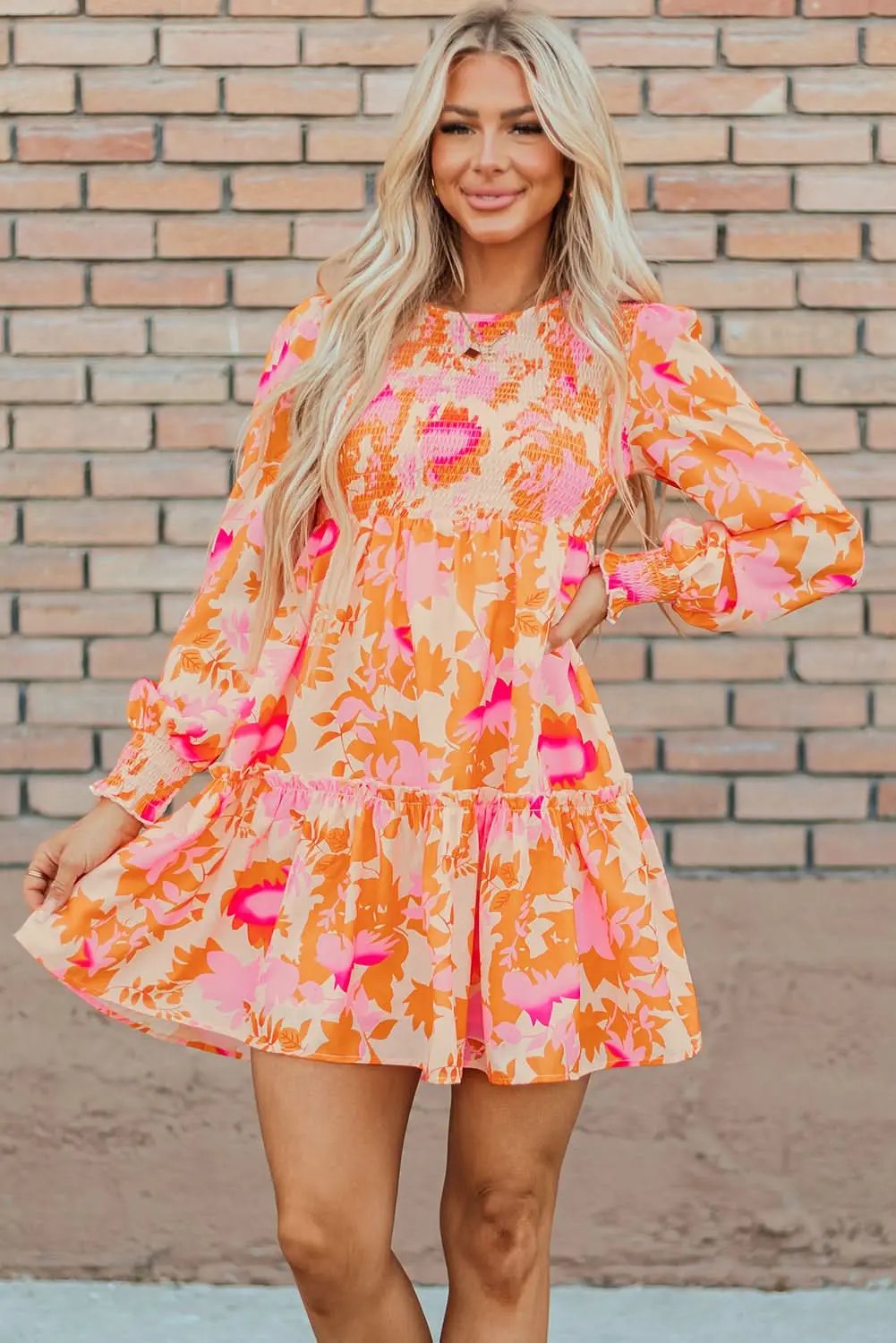 Love Salve Orange smocked mini dress