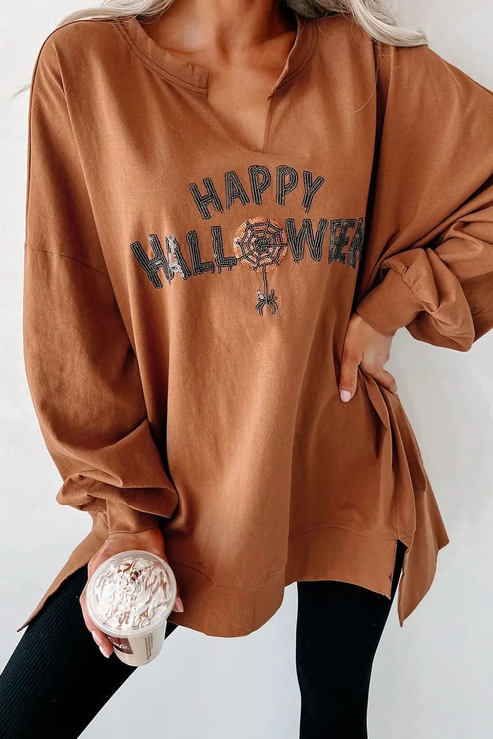 Love Salve Chestnut Sequin Top Halloween Party Women&amp;#39;s Shirt Sparkly, Chic