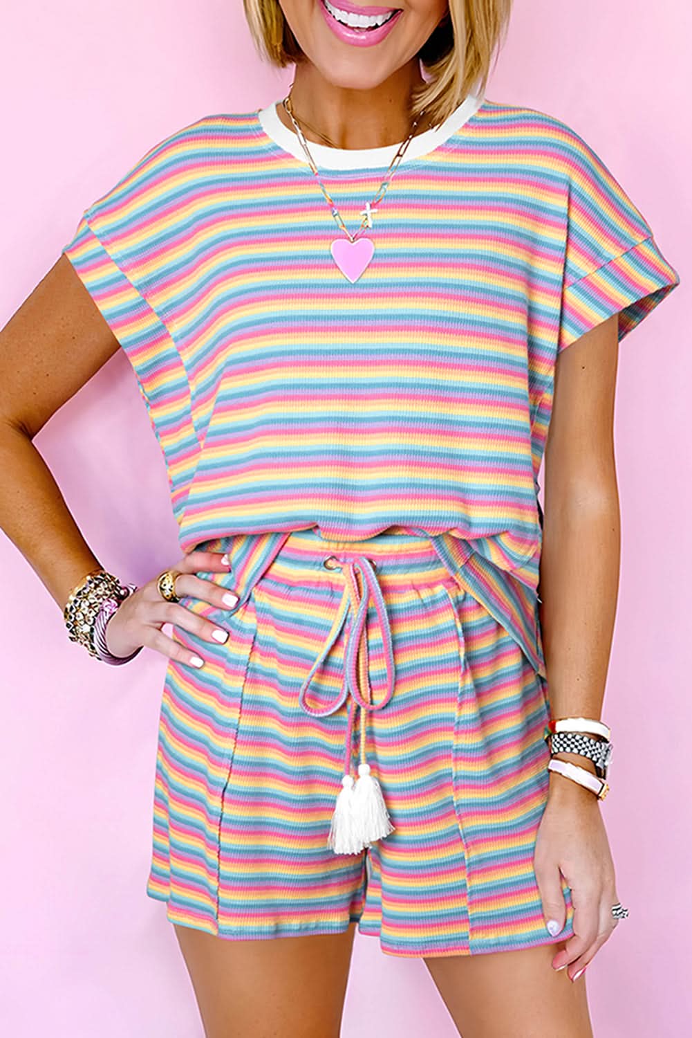Chic pink striped tee &amp;amp; tassel shorts set