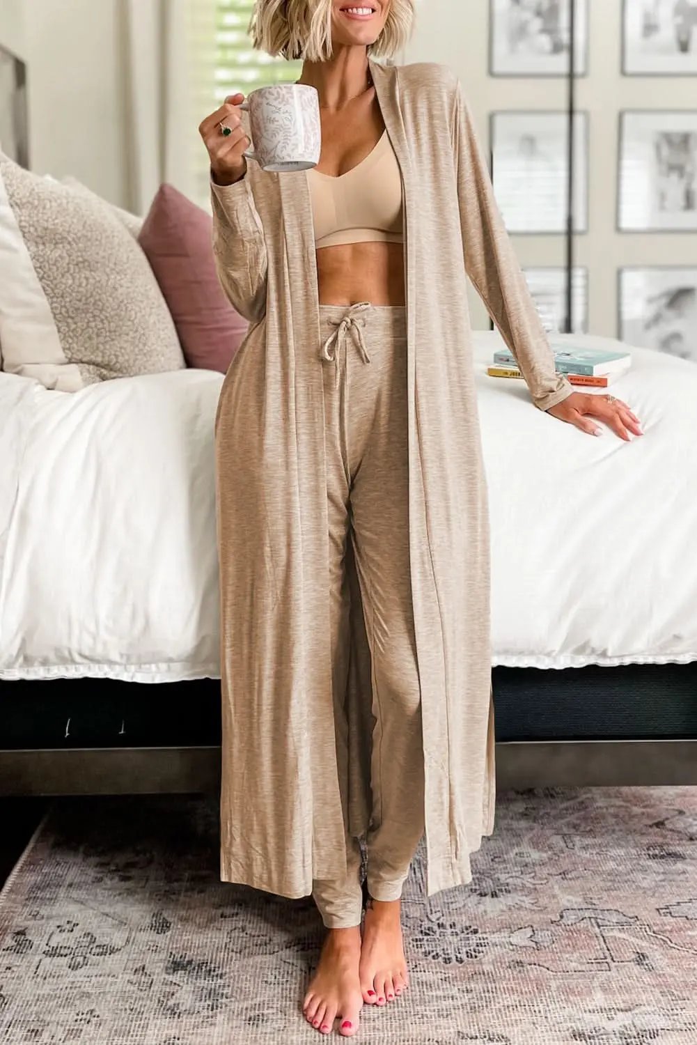 Love Salve Parchment Lounge Set Women&amp;#39;s Cardigan &amp;amp; Pants Casual Fall Outfit Comfy Knit