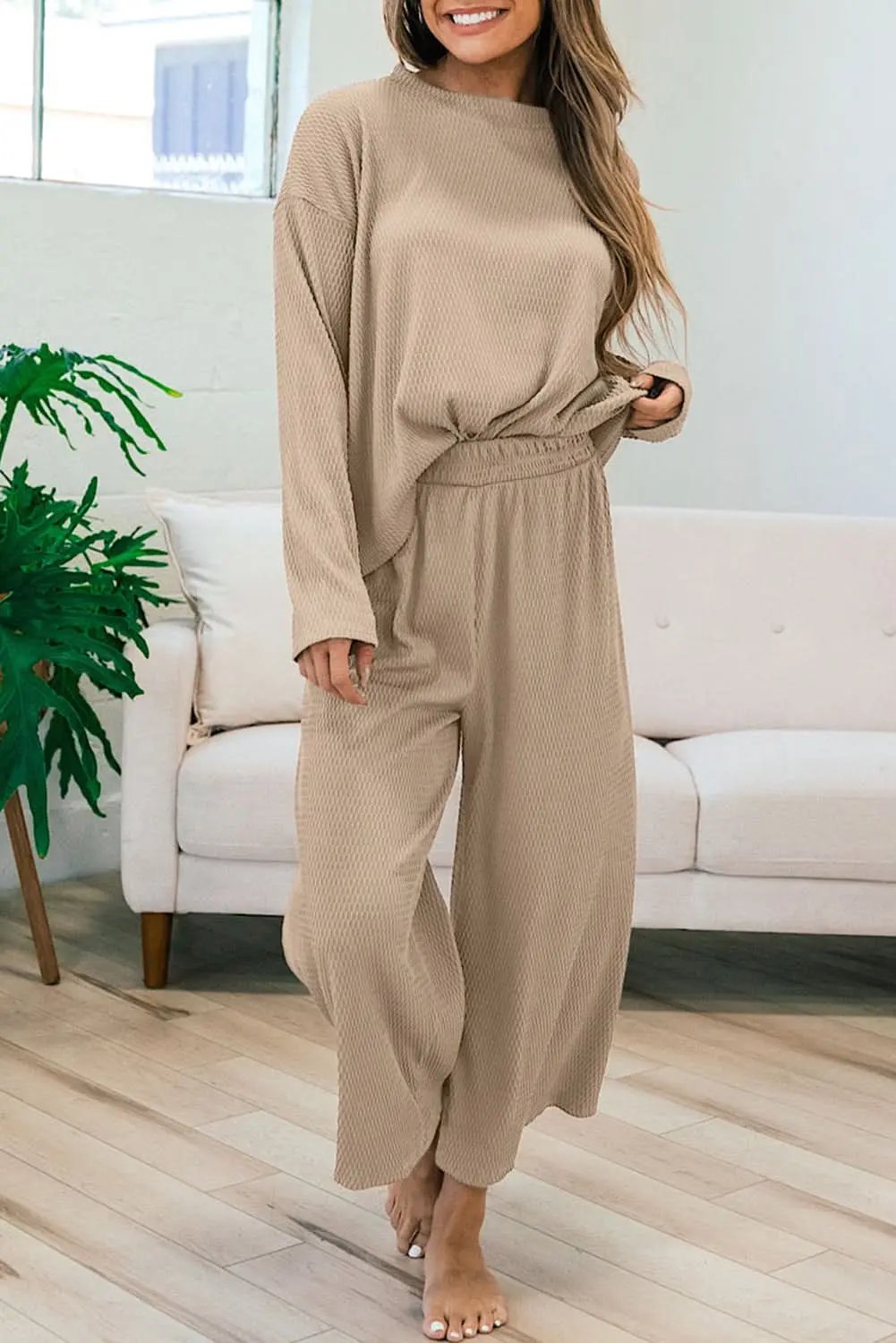 Love Salve Smoke Gray Loose Textured Pullover and Pants Outfi