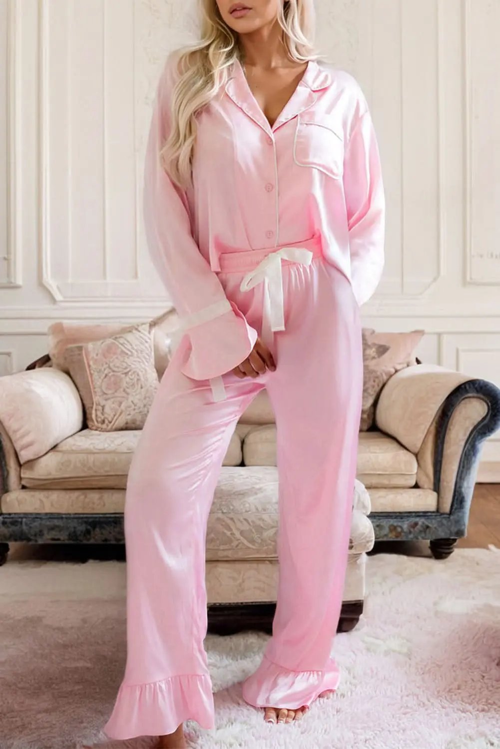 Love Salve Pink Satin Lounge Set Women&amp;#39;s Home Wear Pajama Set - Bow Detail, Wide Leg