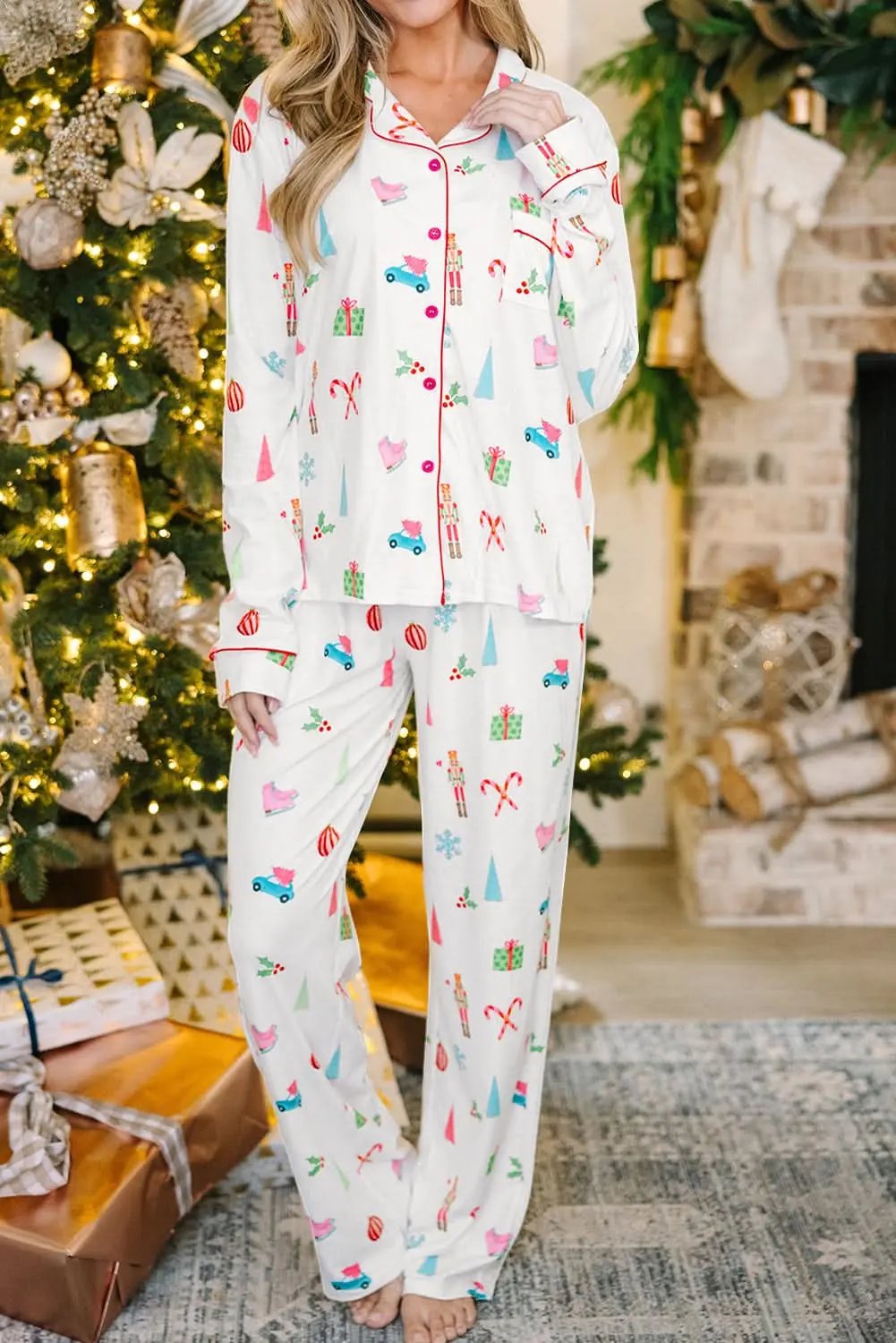 Love Salve White Christmas PJs Set Holiday Loungewear Women&amp;#39;s Pajamas Soft, Festive