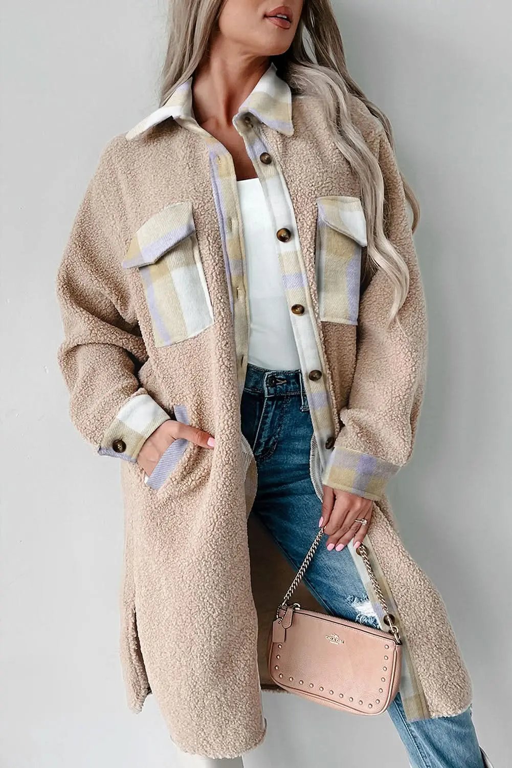 Love Salve Gray Plaid Sherpa Coat Women&amp;#39;s Fashionable Outerwear Long Coat - Warm &amp;amp; Chic