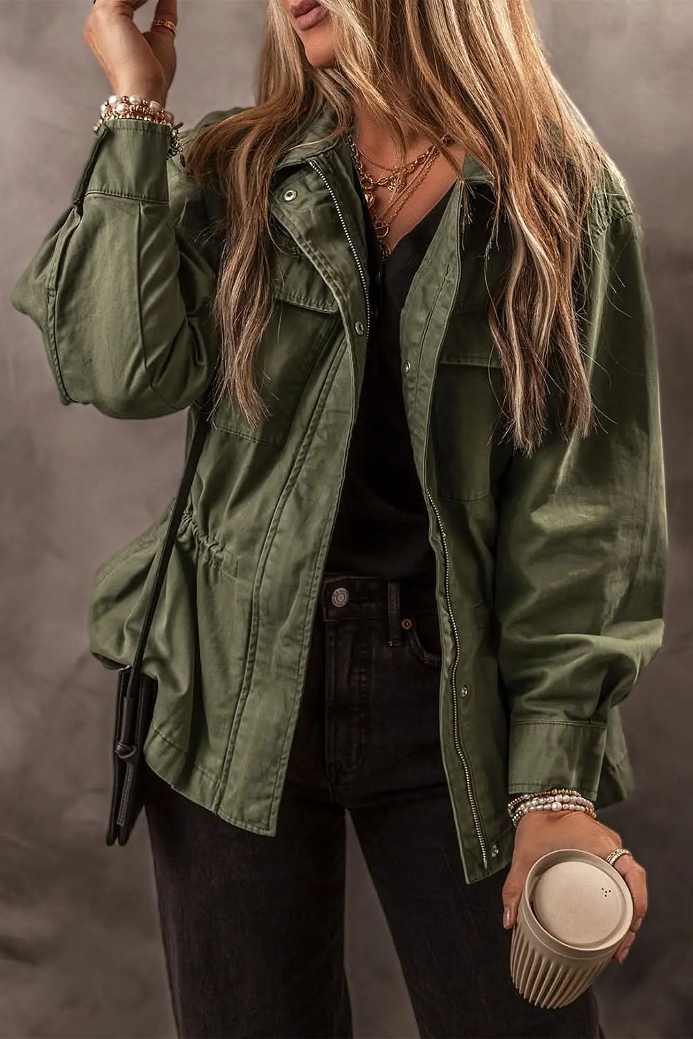 Love Salve Moss green collared jacket for women