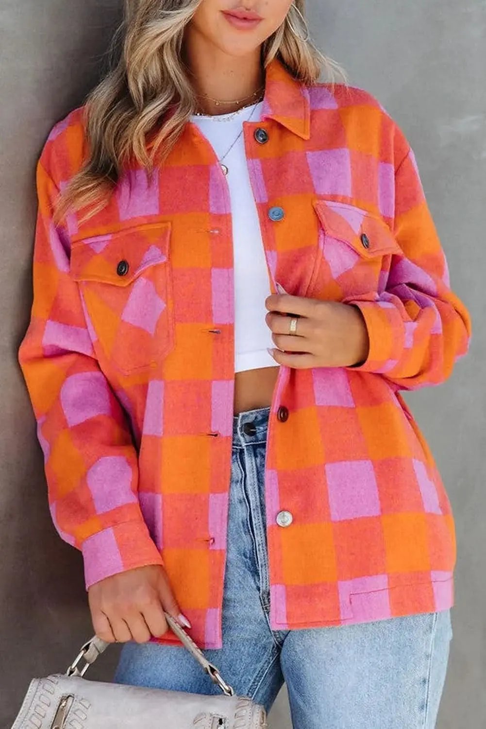 Love Salve Orange Plaid Jacket Daily Wear Women&amp;#39;s Button-Up: Fall Casual &amp;amp; Stylish