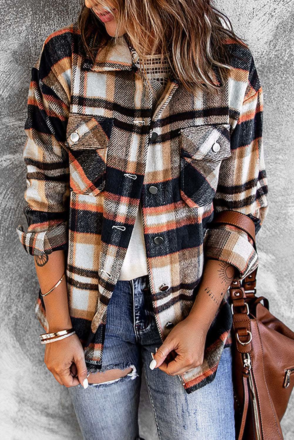 Love Salve Geometric Plaid Print Pocketed Shacket